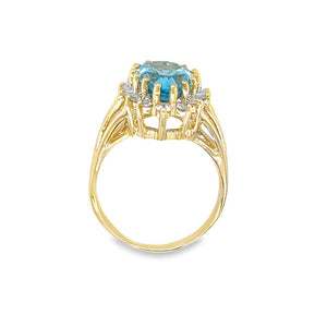 Yellow 14 Karat Blue Topaz Diamond Ring Estate Jewelry Size 8.75 one 13.70x8.90mm Pear Blue Topaz
13=0.65tw Round Diamonds Gram Weight: 6.2