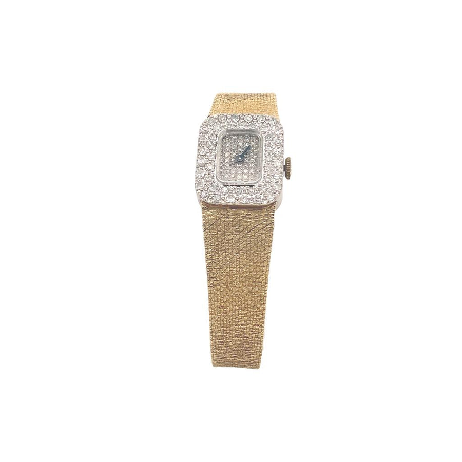 Estate Ladies Wristwatch, 14KT Yellow Gold Diamond Dial/WG Case, textured mesh band and foldover clasp , 7", 34.5grams.