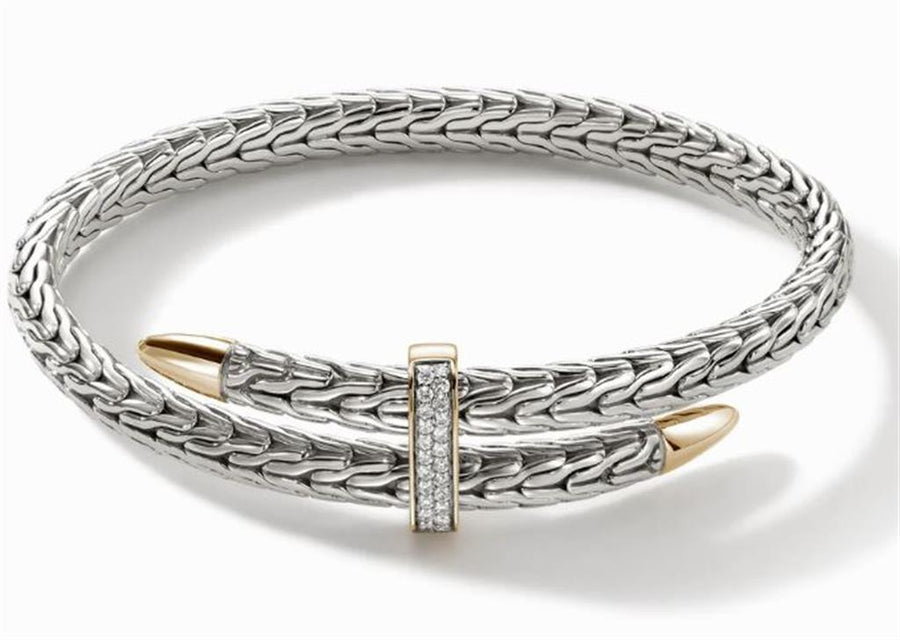 John Hardy Two-Tone Sterling Silver/14K Yellow Gold Diamond Pave Spear Bypass Flex Cuff