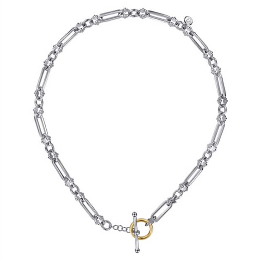 Lady's Two-Tone Sterling Silver/14 Karat Beaded Sapphire Link Chain Si