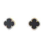 14 Karat Yellow Gold Clover Style Onyx And Diamond Earrings Estate Jew