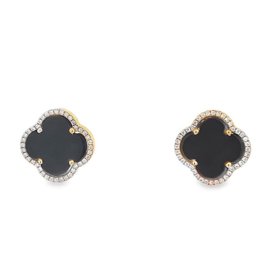 14 Karat Yellow Gold Clover Style Onyx And Diamond Earrings Estate Jew