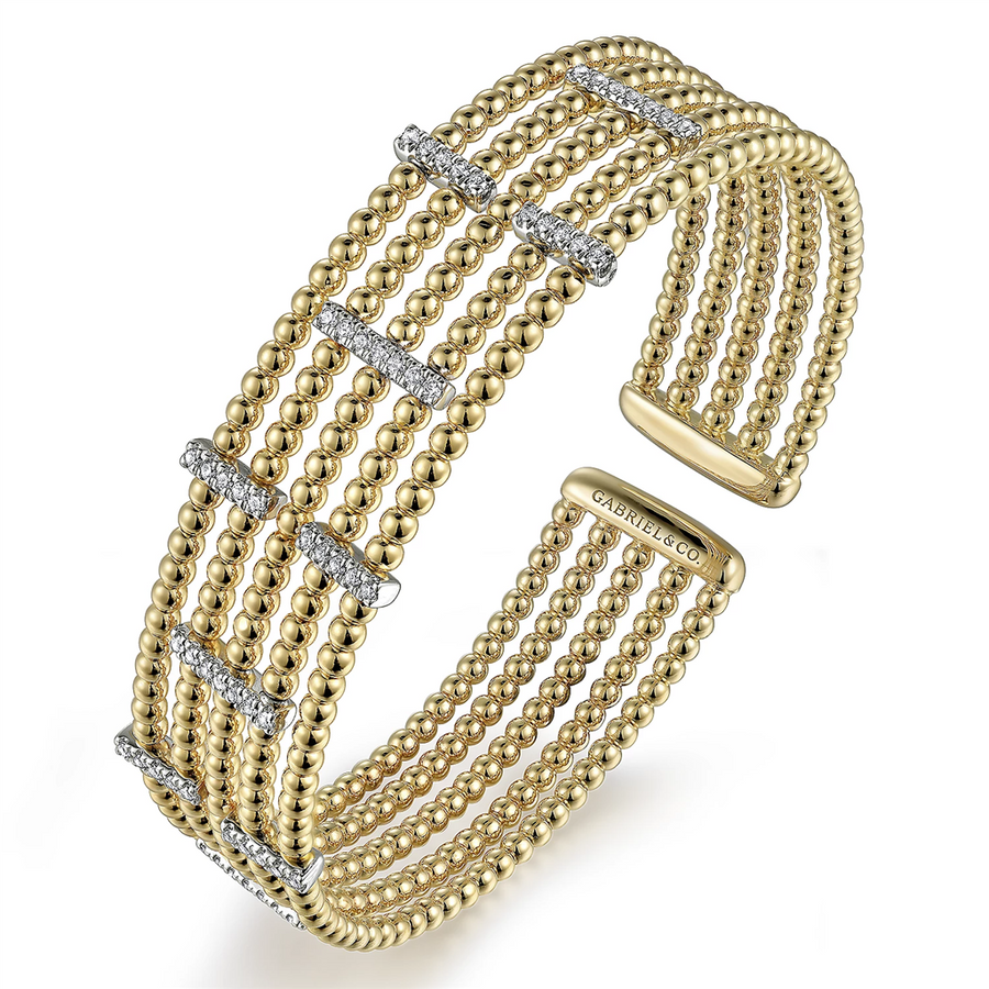 Gabriel & Co. Fashion Wide 14K White-Yellow Gold Bujukan Cuff Bangle with Diamond Bar Stations