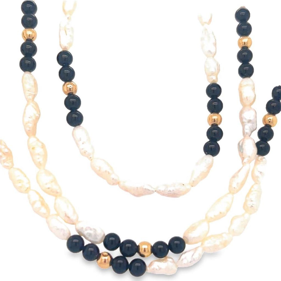 Yellow 14 Karat TN Pearl and Onyx Bead Multi Strand Necklace