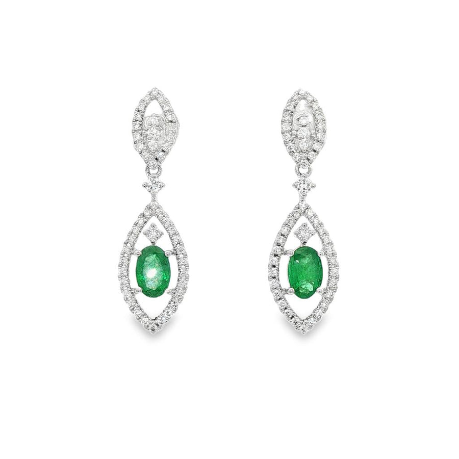 Lady's White 14 Karat Fancy Halo Drop Earrings With 2 = 0.73Twt Oval E