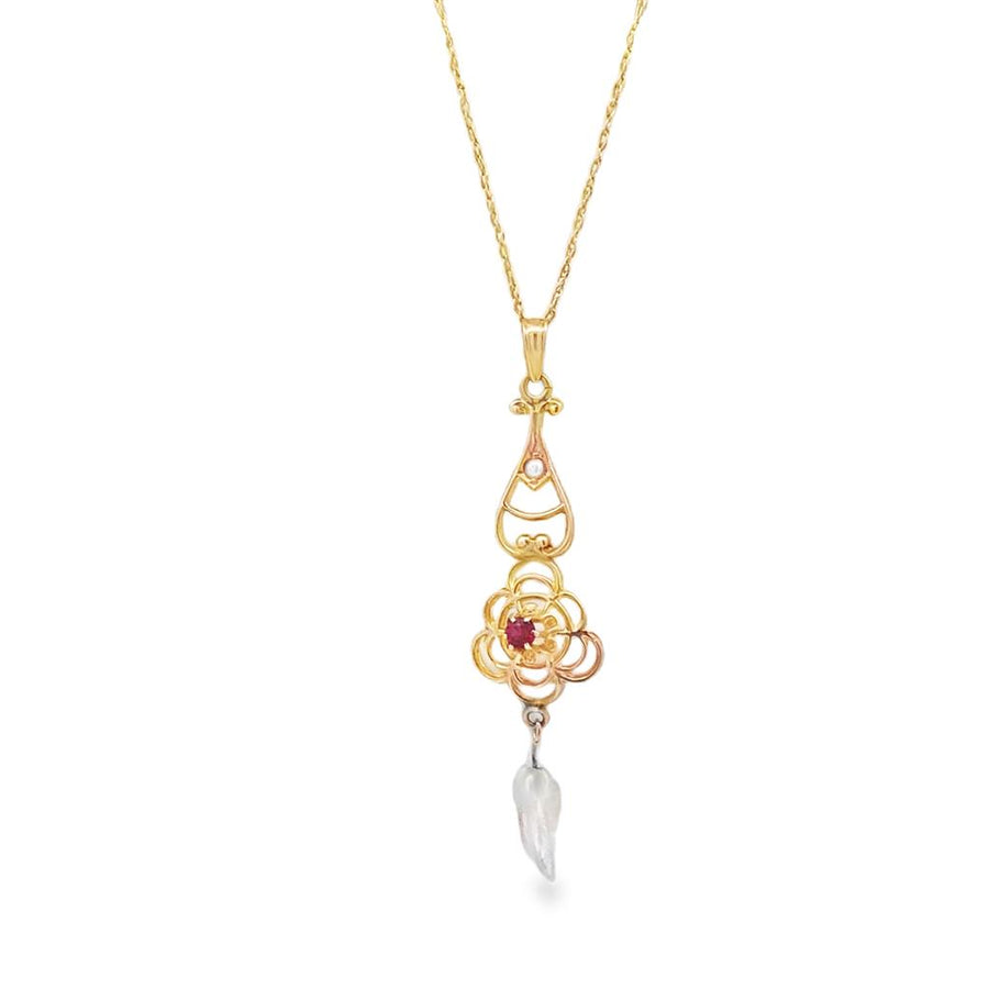 Yellow 10 Karat Filigree Art Deco Necklace w/ Round 2mm Red Stone Cent