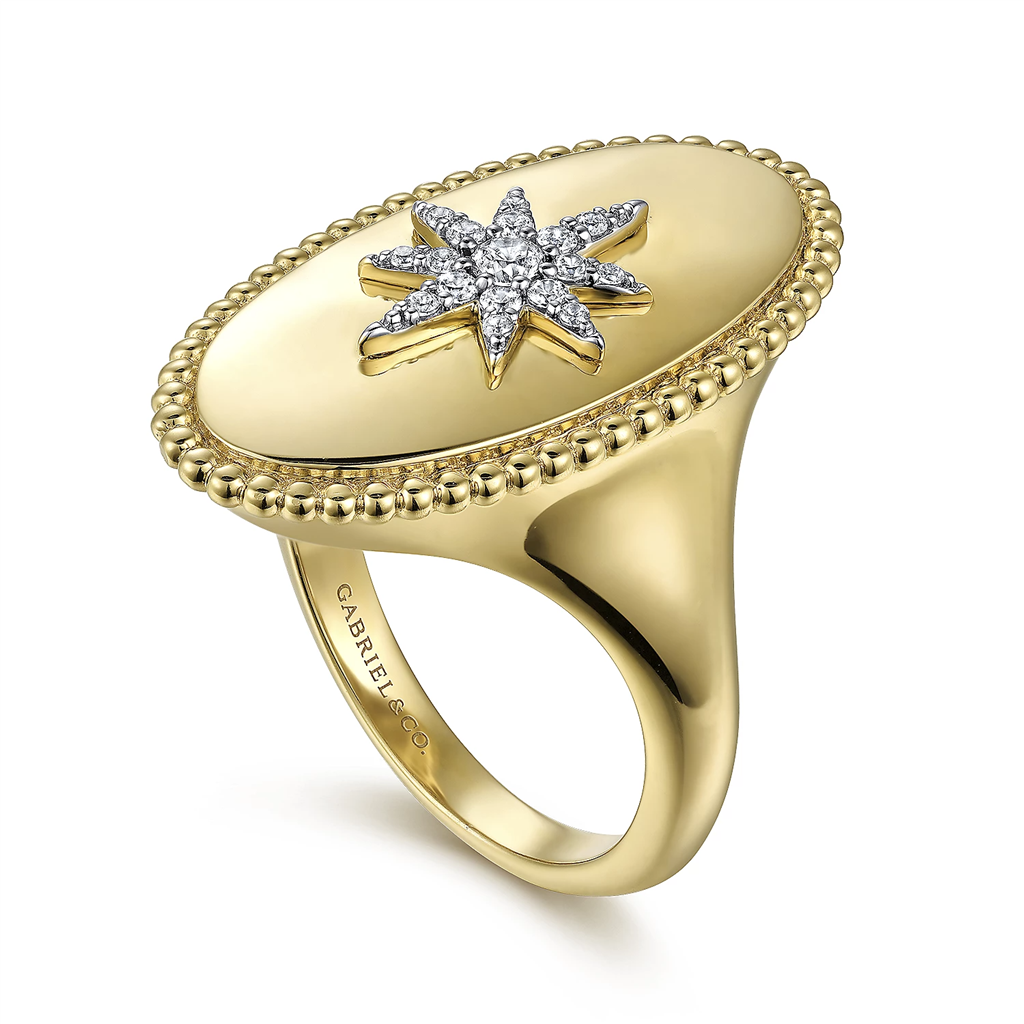 Gabriel & Co. Fashion 14K Yellow Gold Oval Diamond Starburst Signet Ring