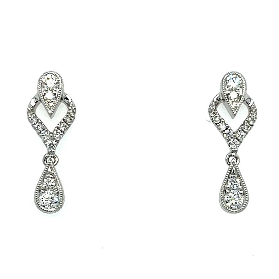 Lady's White Milgrain 18 Karat Drop Earrings With 26=0.42TW Round G/H