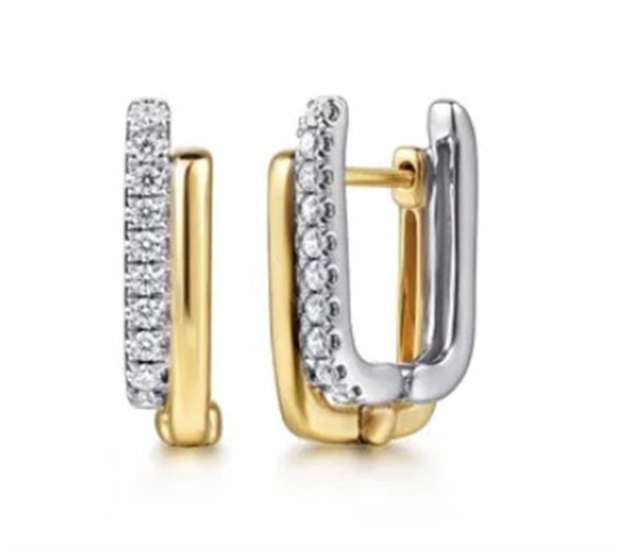 Lady's Two-Tone 14 Karat Double Row Huggie Earrings 20 = 0.20tw Round