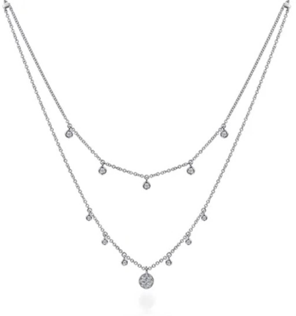 Lady's White 14 Karat Layered Diamond Drop Necklace Length 15.5 With 0