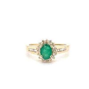 Yellow 10 Karat Emerald And Diamond Halo Ring Estate Jewelry Size 7 Wi