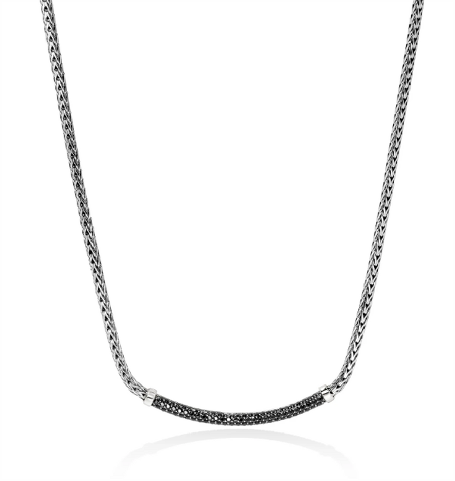 Sterling Silver 2.5mm JH Essential Pave Necklace John Hardy 82 Round Treated Black Sapphires, Length 16-18