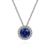 Gabriel & Co. Fashion 14K White Gold Sapphire and Diamond Halo Pendant Necklace