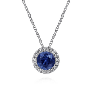 Gabriel & Co. Fashion 14K White Gold Sapphire and Diamond Halo Pendant Necklace