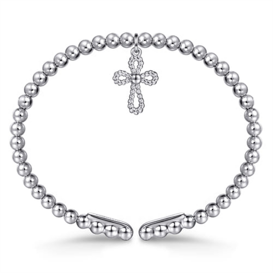 White Sterling Silver Beaded Cuff Bracelet With Rope Style Cross Penda