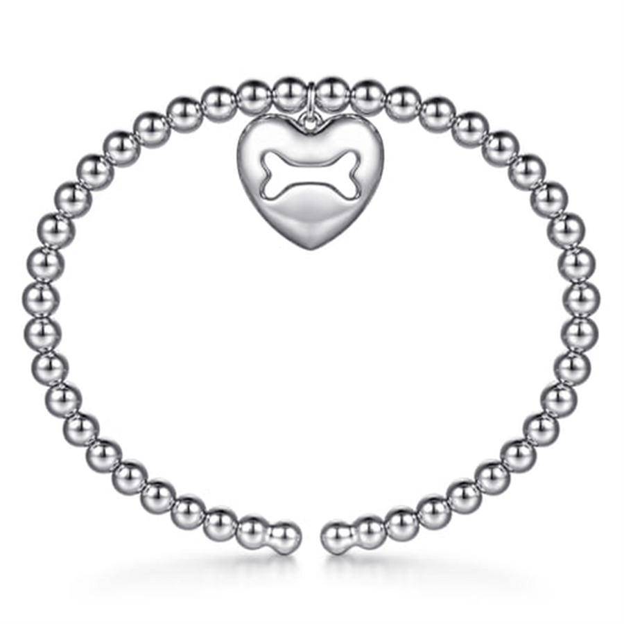 White Sterling Silver Beaded Cuff Bracelet And Dog Bone Engraved Heart