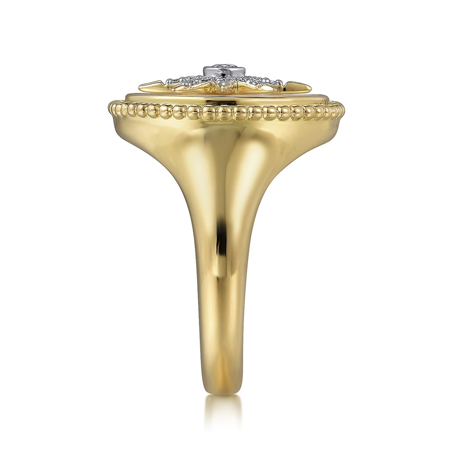 Gabriel & Co. Fashion 14K Yellow Gold Mother of Pearl Inlay and Diamond Starburst Signet Ring