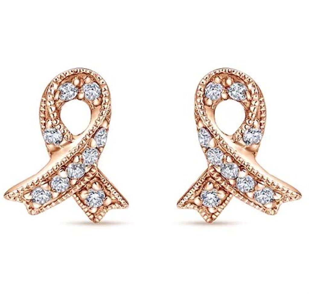 Lady's Rosé 14 Karat Milgrain Ribbon Stud Earrings with 18 = 0.07tw Ro