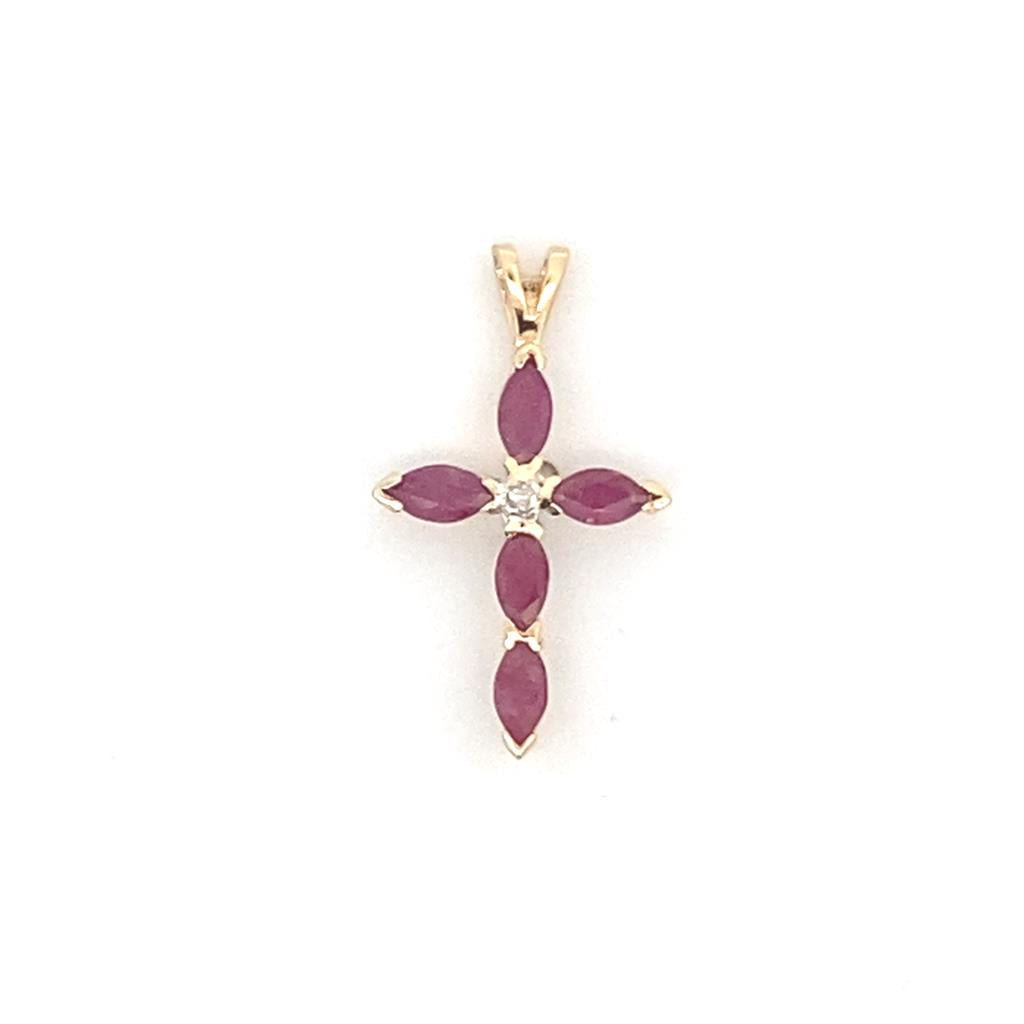 Yellow 14 Karat Ruby And Diamond Cross Pendant Estate Jewelry With 5 0