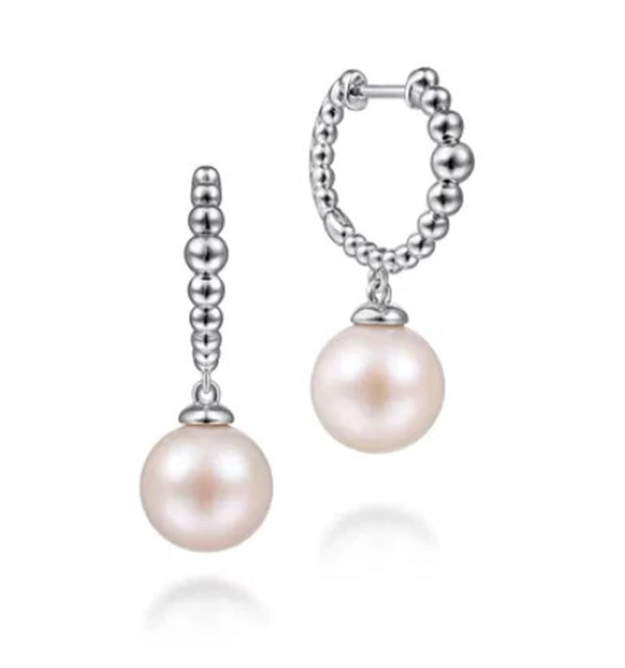 Lady's Sterling Silver Bujukan Pearl Drop Huggie Earrings 2 = 2.29tw R