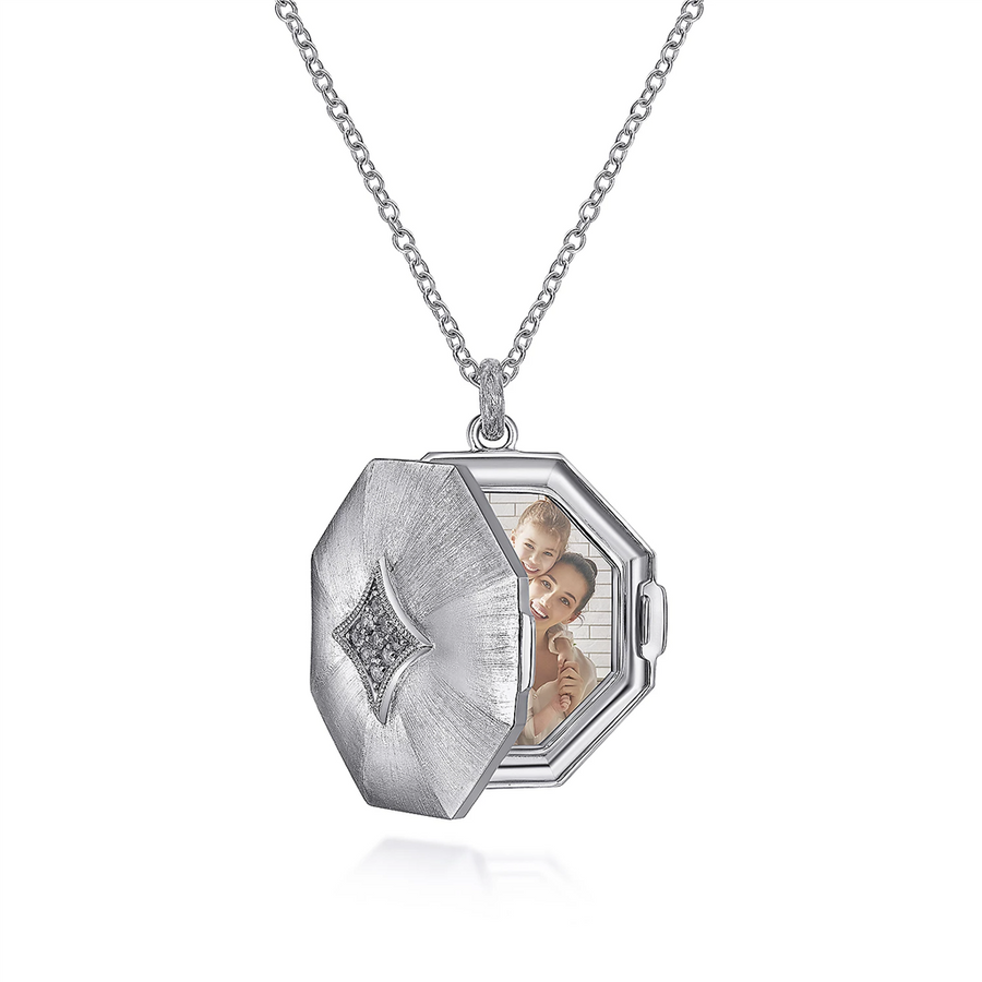 Gabriel & Co. Silver 25 inch 925 Sterling Silver Octagonal Locket Necklace with White Sapphire