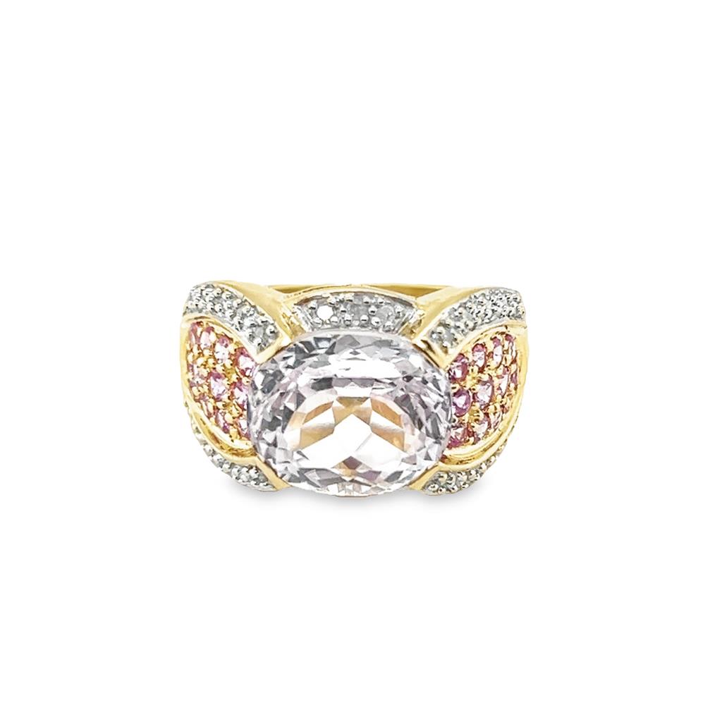 Yellow 14 Karat Semi-Halo Kunzite Fashion Ring With Diamond Acceents Estate Jewelry one 12.00x10.00mm Oval Kunzite
26=0.19tw Round Diamonds
24=1.50x1.50mm Round Kunzites Gram Weight: 7.73