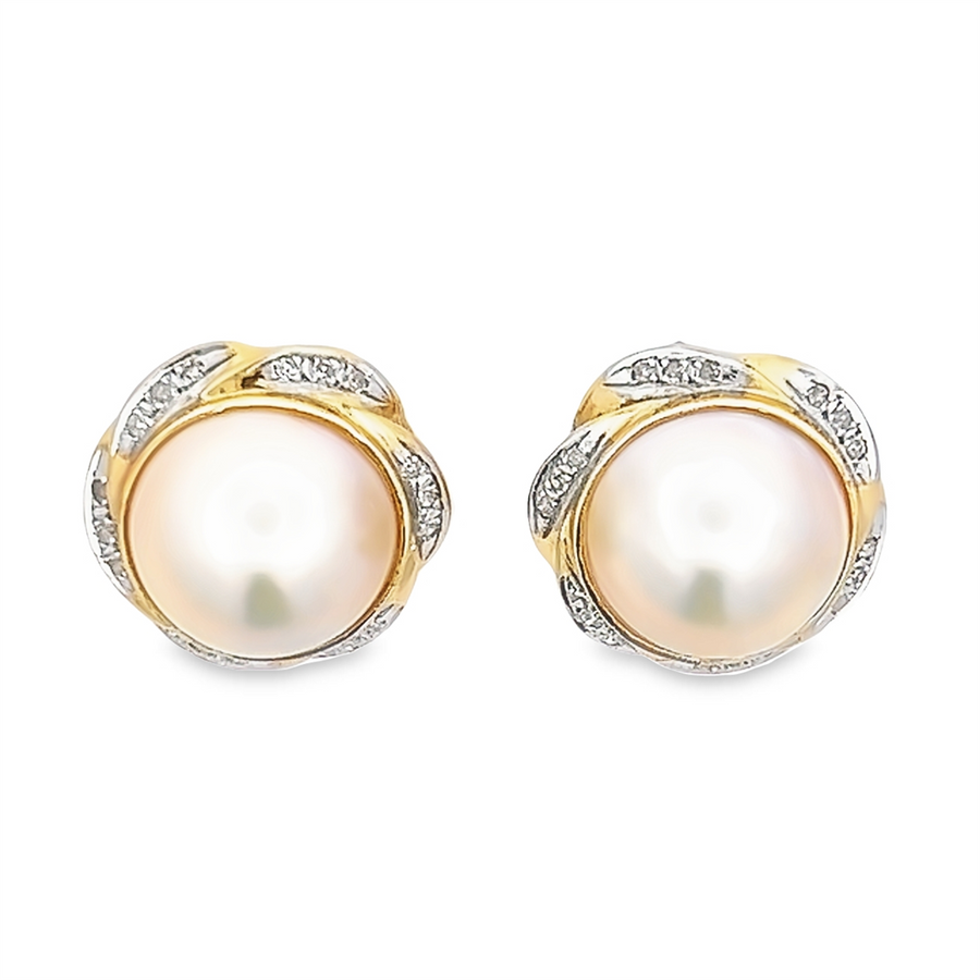 Estate 14mm Mabe Pearl & Diamond Earrings