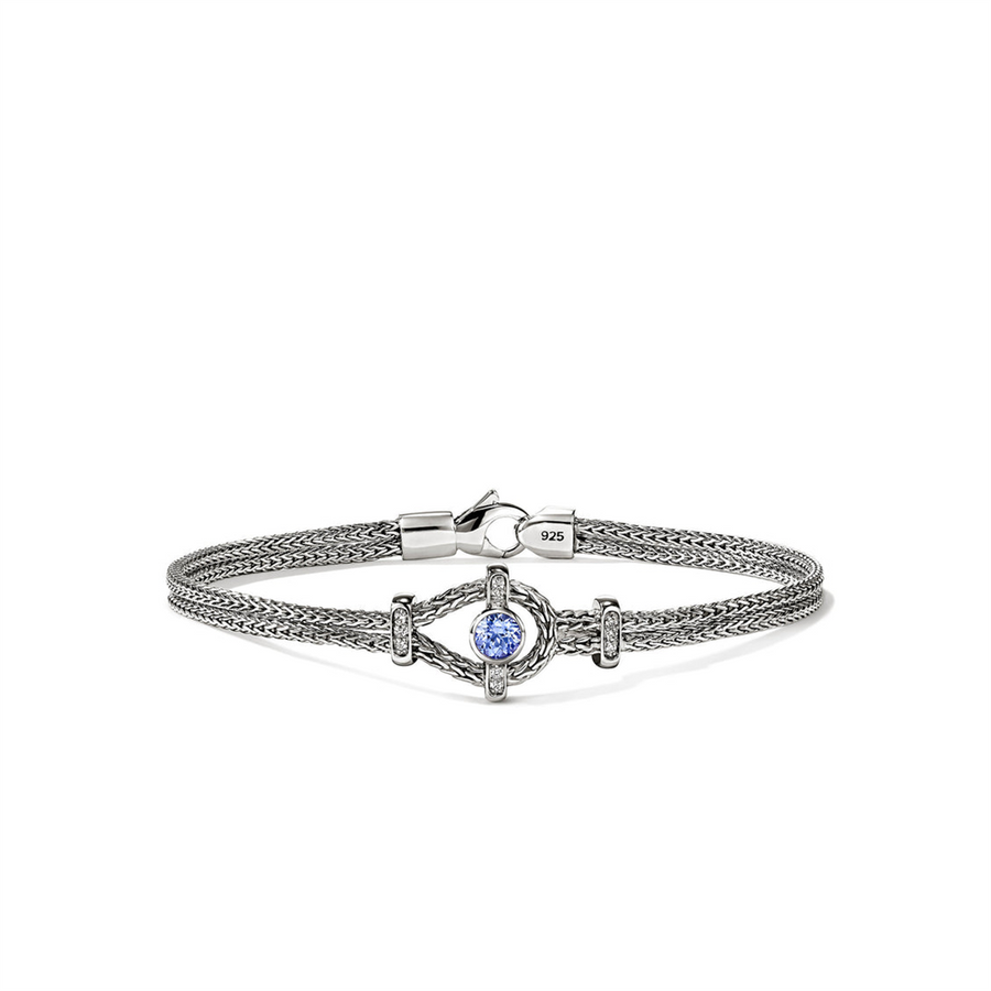 Sterling Silver 3.6MM Double Row Chain Bracelet With Bezel And Pave Di