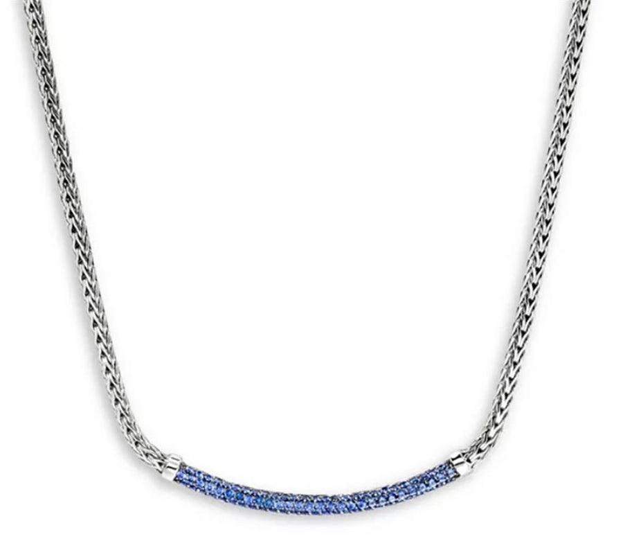 White Sterling Silver Jh Essentials 2.5mm Mini Chain Necklace W/ Blue