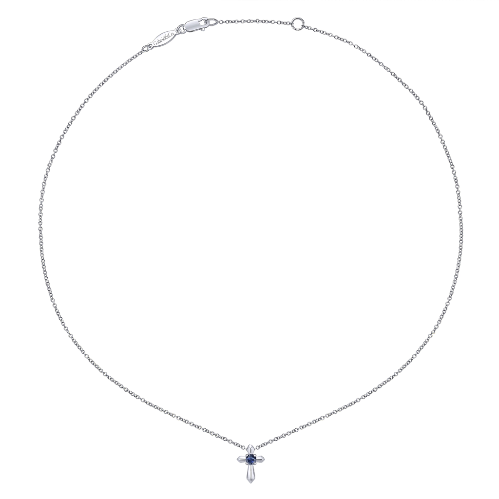 Gabriel & Co. Fashion Sterling Silver Round Sapphire Cross Pendant Necklace