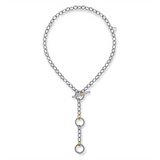 Lady's Two-Tone Sterling Silver/14 Karat Beaded Cable Link Drop Neckla