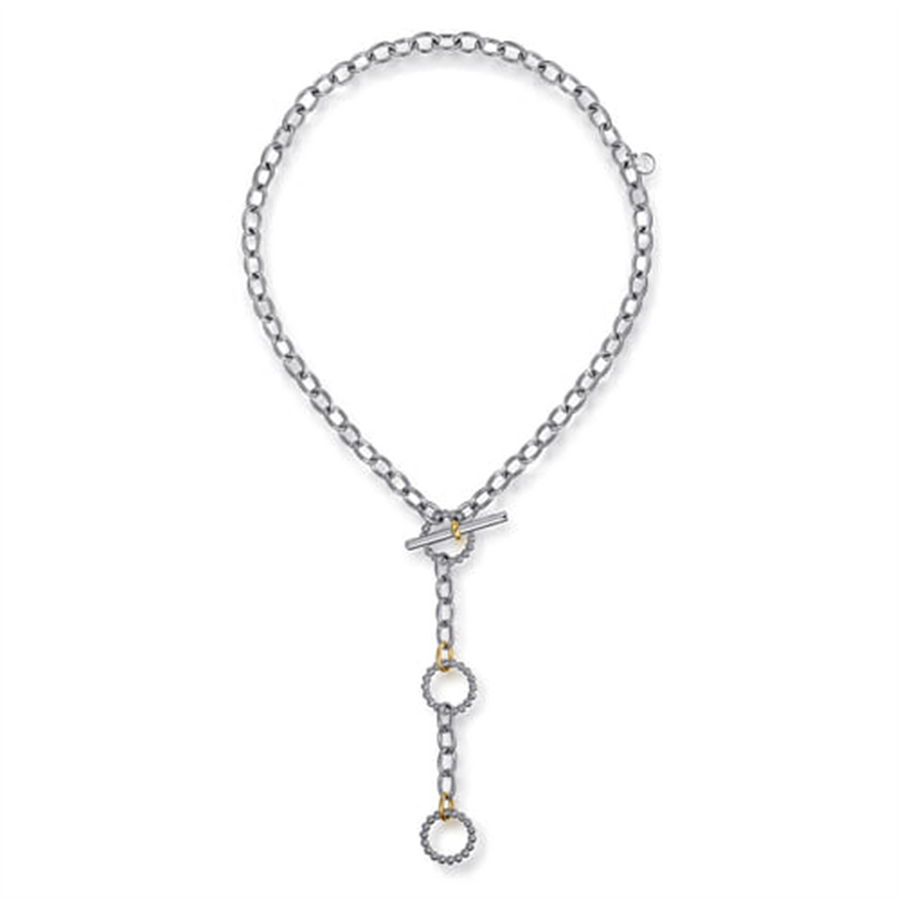 Lady's Two-Tone Sterling Silver/14 Karat Beaded Cable Link Drop Neckla