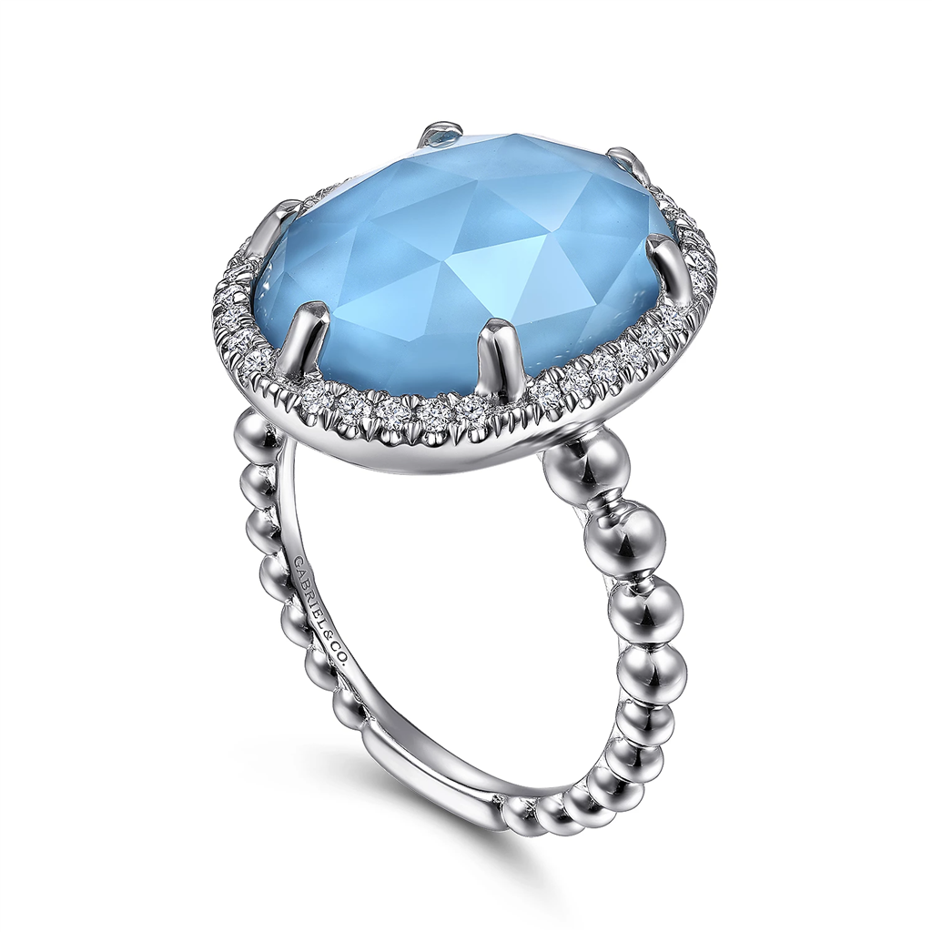 Gabriel & Co. Silver 925 Sterling Silver Oval Rock Crystal and Turquoise Signet Ring with White Sapphire Halo