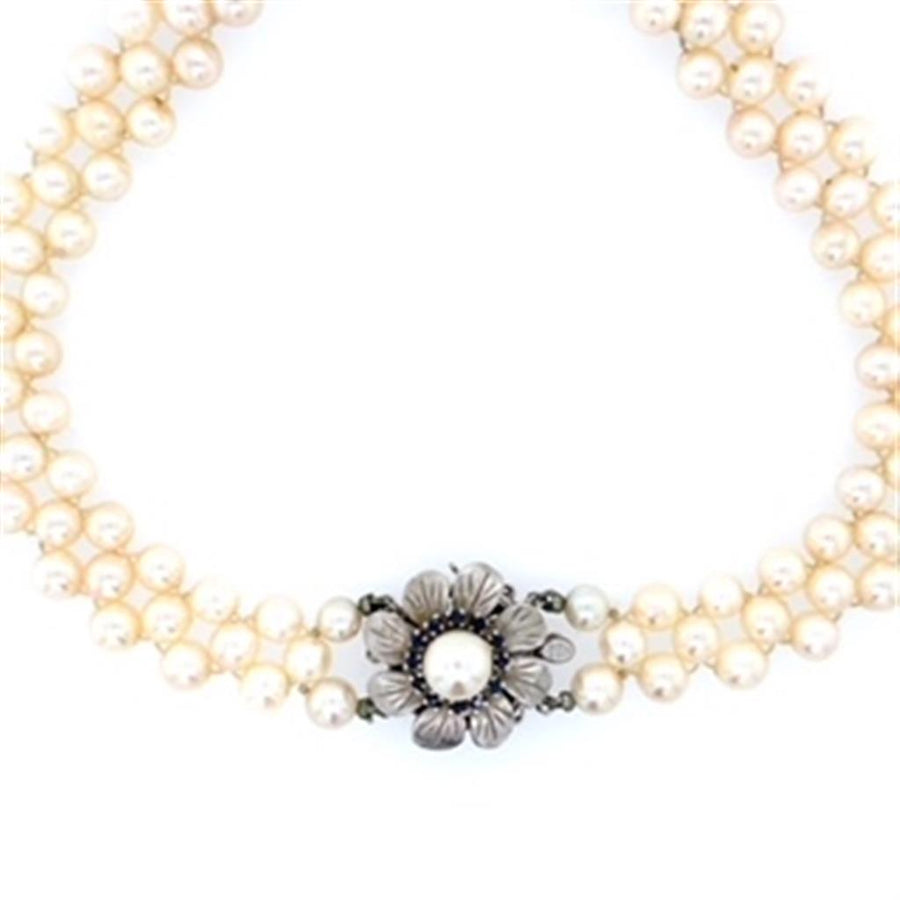 Estate Ladies Three-strand Pearl Necklace Woven 16"Choker With 14KTWG Flower Clasp of Pearl and Blue Sapphires