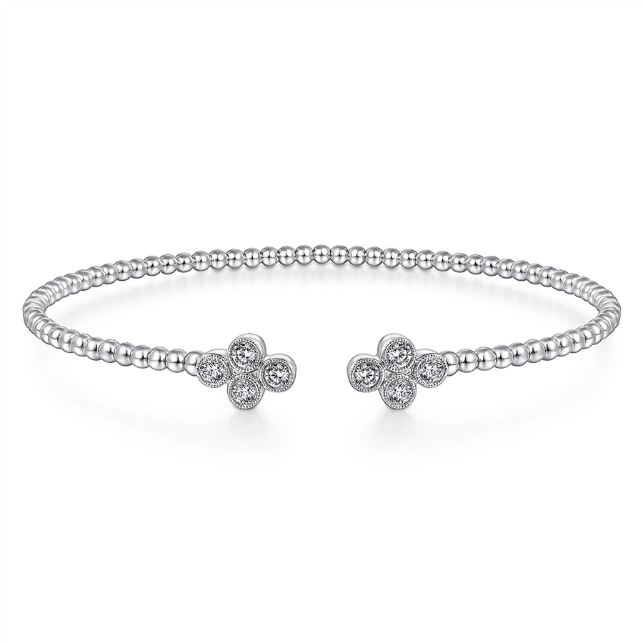 Gabriel & Co. Fashion 14K White Gold Bujukan Bead Split Cuff Bracelet with Quatrefoil Diamond Endcaps