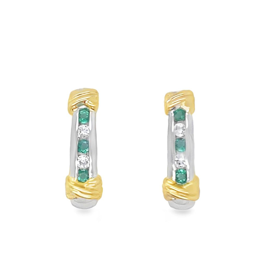 Estate Two Tone Emerald And Diamond Earrings