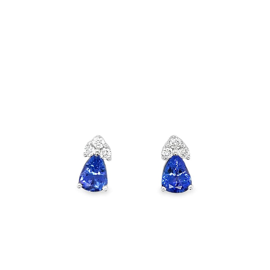 Lady's White 14 Karat Cluster Stud Earrings with 2 = Pear Tanzanites a