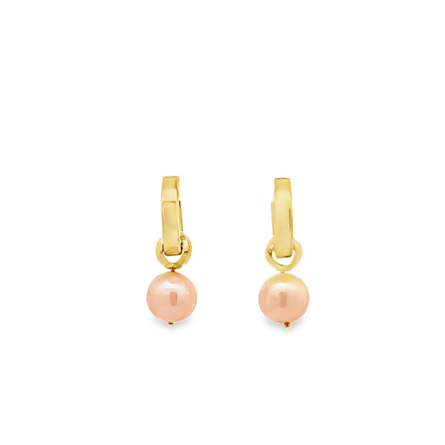 Yellow 14 Karat 8mm Dangle Pearl Huggie Hoop Earrings Estate Jewelry W