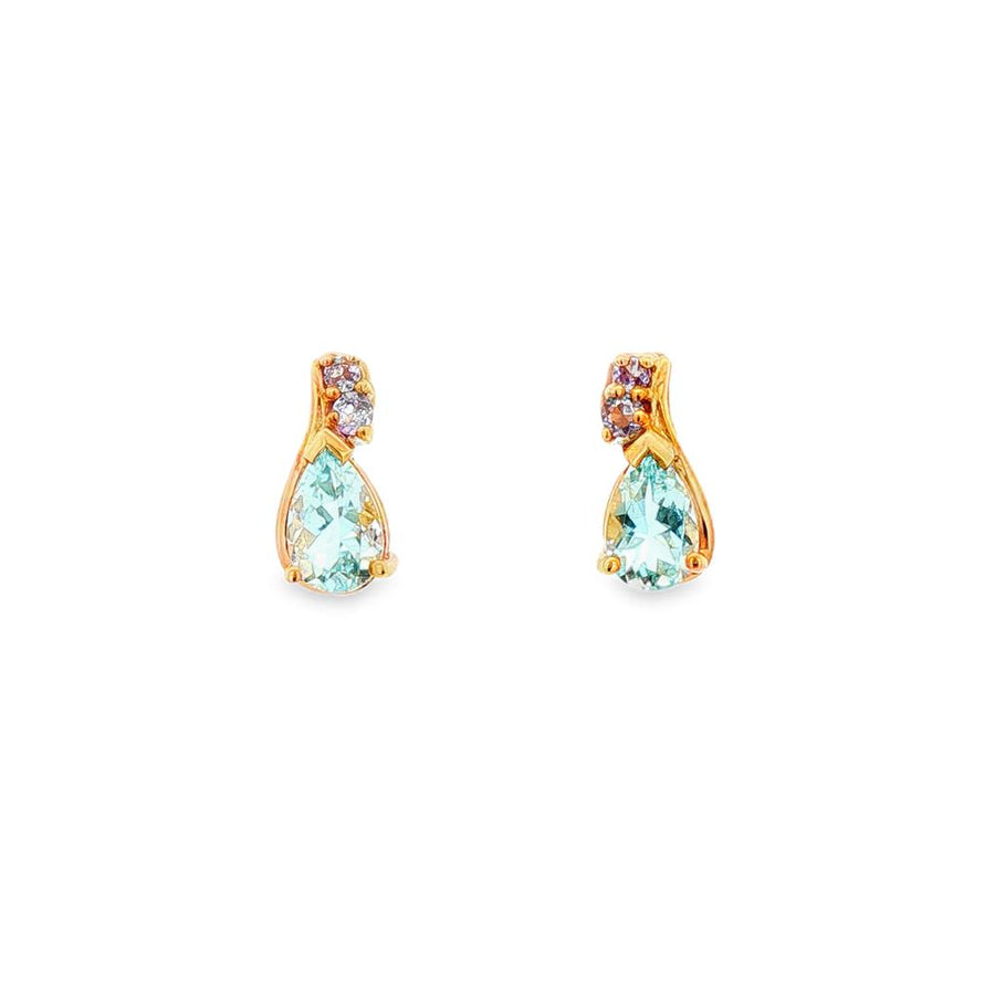 Yellow 10 Karat Pear Shape Estate Jewelry With 2 = 5.00mm Pear Aquas A