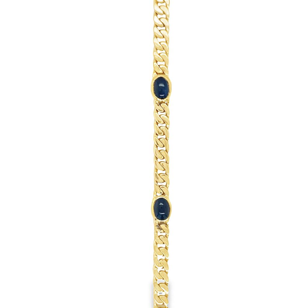 Yellow 14 Karat Fancy Sapphire Station Necklace Estate Jewelry Length 18 7=5.90x4.50mm Cabochon Oval Blue Sapphires Gram Weight: 26