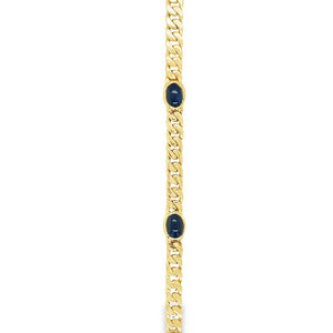 Yellow 14 Karat Fancy Sapphire Station Necklace Estate Jewelry Length 18 7=5.90x4.50mm Cabochon Oval Blue Sapphires Gram Weight: 26