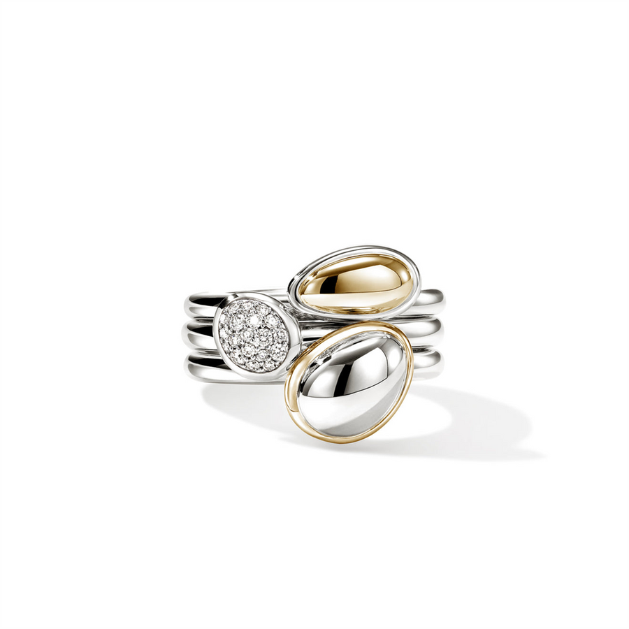Two-Tone Sterling Silver And 14K Yellow Gold 3 Pebble Ring Stack John