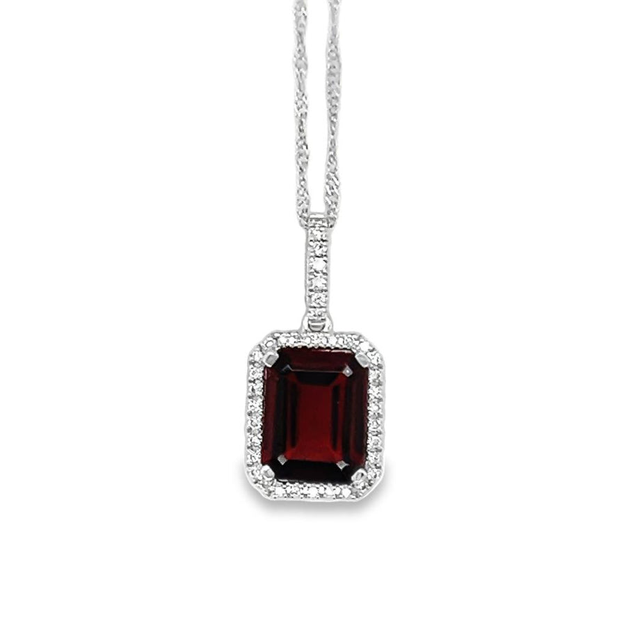 Lady's White 14 Karat Garnet and Diamond Halo Pendant Necklace