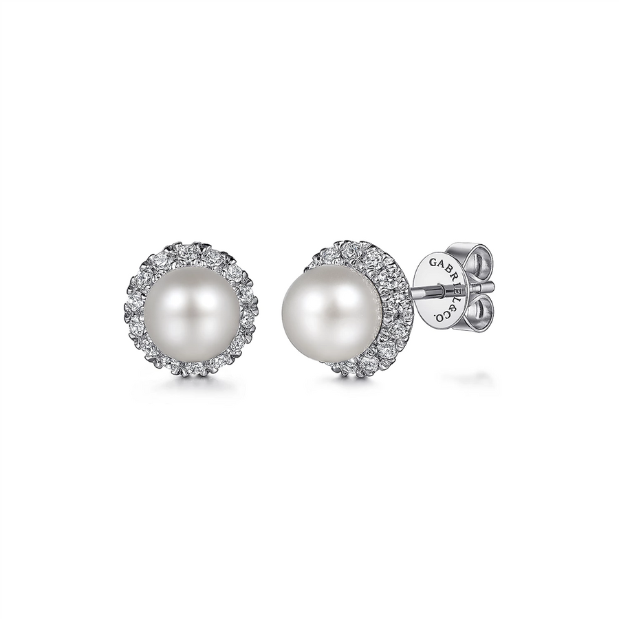 Gabriel & Co. Fashion Pearl and Diamond Halo Stud Earrings