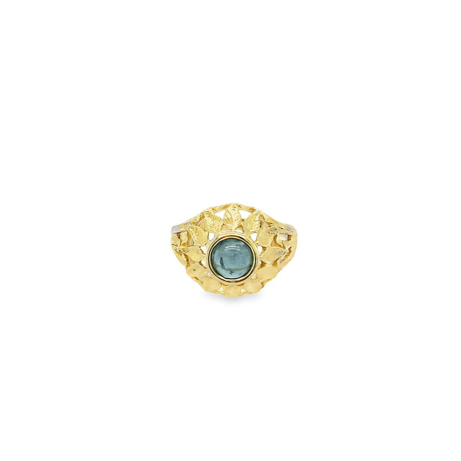 Yellow 10 Karat Engraved Floral Ring w/ Round Cabochon Pale Blue Tourm