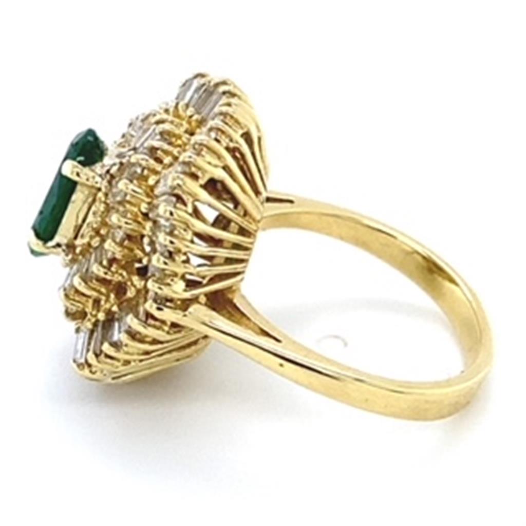 Estate Ladies Emerald and Diamond Ballerina Fashion Ring with Oval Emerald Baguette Diamonds 18KT Yellow Gold