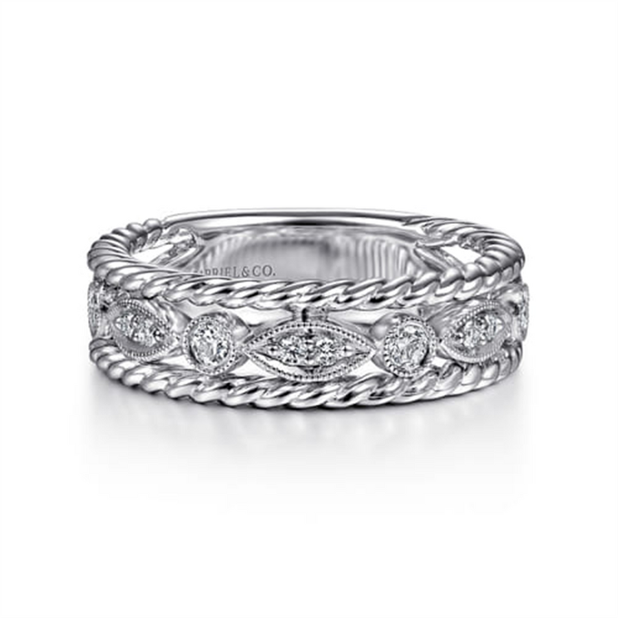 Lady's White 14 Karat Migrain/Twisted Rope Frame Marquise And Round St