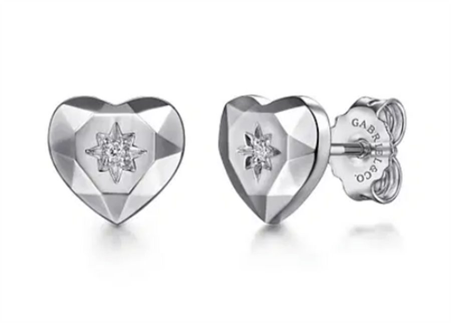 Lady's Sterling Silver Diamond Cut Heart Stud Earrings 2 = 0.02tw Roun