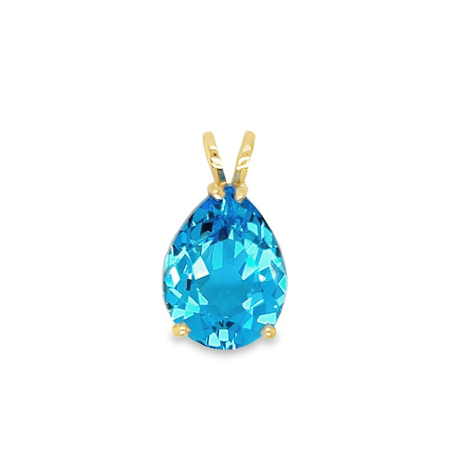 Yellow 14 Karat Pear Blue Topaz 4 Prong Basket Pendant