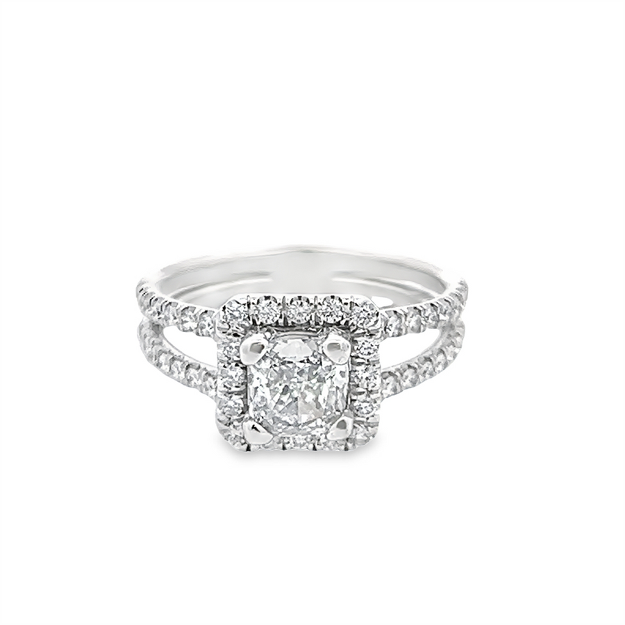 Estate Cushion Diamond Halo Split Shank Engagement Ring